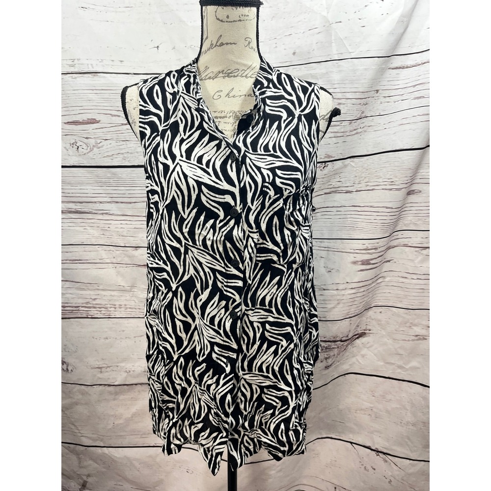 Soft Surroundings Black White Abstract Leaf Print Sleeveless Button Tunic‎ Top M